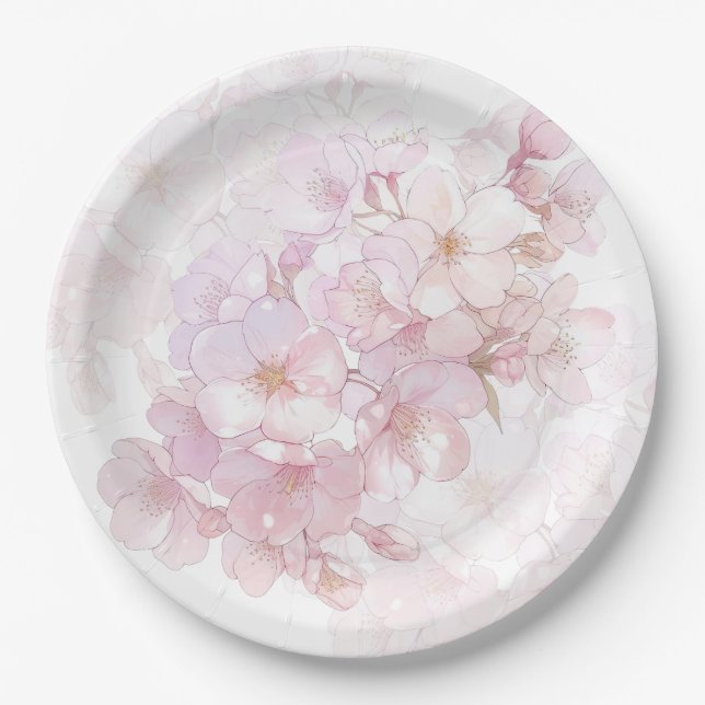 Floral Cherry Blossoms Pink White Paper Plate (Front)