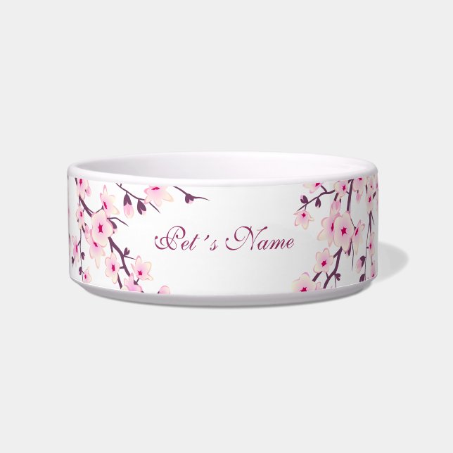 Floral Cherry Blossoms Pink White Pet´s Name Bowl (Front)