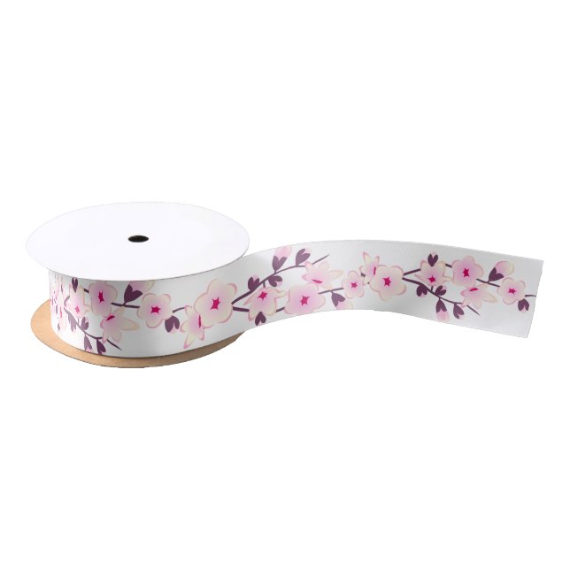 Floral Cherry Blossoms Pink White Ribbon Satin Ribbon (Spool)