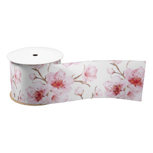 Floral Cherry Blossoms Pink White Satin Ribbon