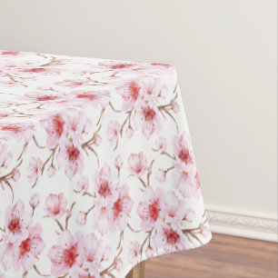 Floral Cherry Blossoms Pink White Tablecloth