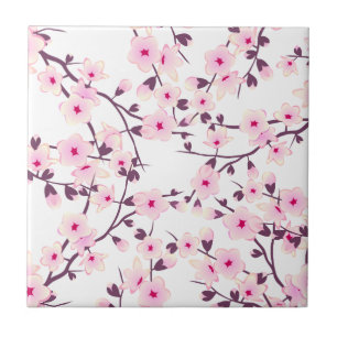Floral Cherry Blossoms Pink White Tile
