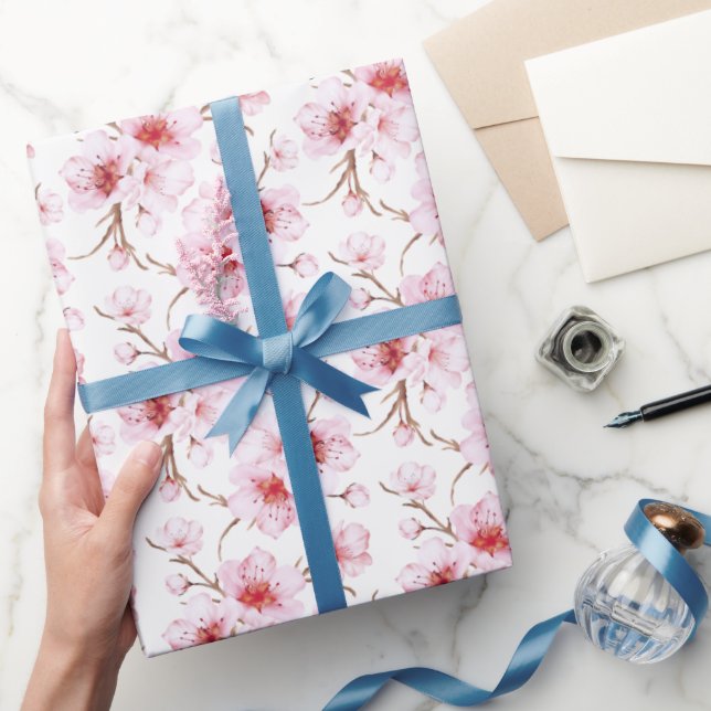 Floral Cherry Blossoms Pink White Wrapping Paper (Gifting)