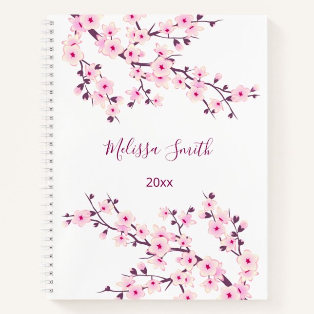 Floral Cherry Blossoms Pink White Your Name Notebook (Front)