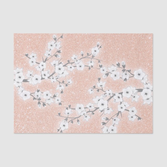 Floral Cherry Blossoms Rose Gold  Glitter Tissue Paper (Front)