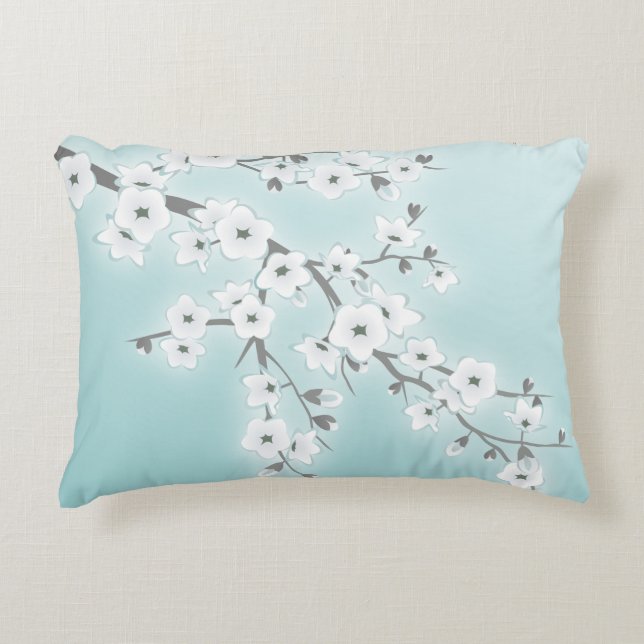 Floral Cherry Blossoms (Sakura) Mint White Decorative Cushion (Front)