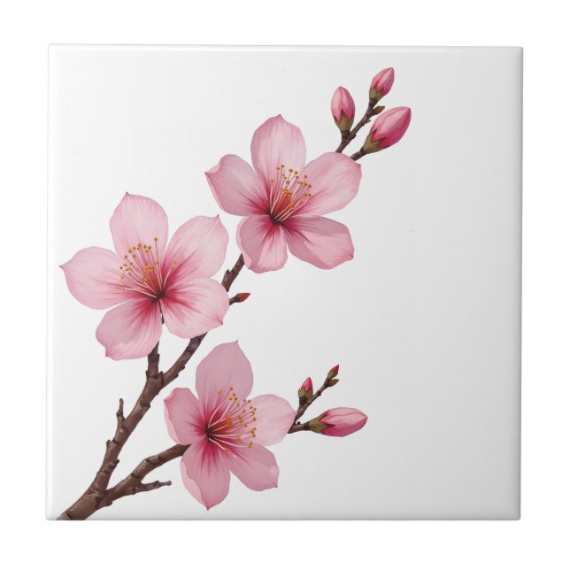 Floral Cherry Blossoms (Sakura) Pink White Ceramic Tile (Front)