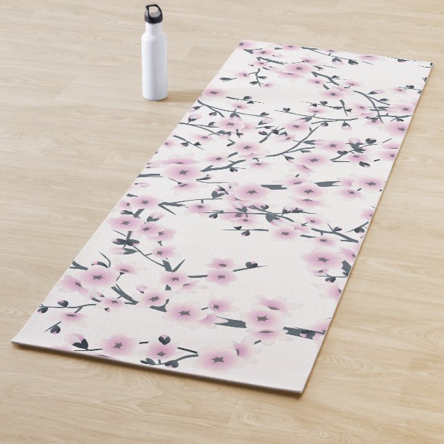 Floral Cherry Blossoms Sakura Pink White Pattern Yoga Mat (In Situ)