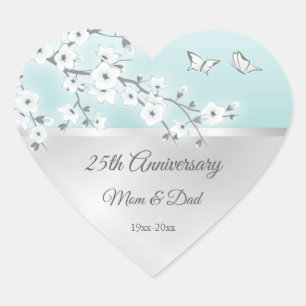 Floral Cherry Blossoms Silver 25th Anniversary Heart Sticker