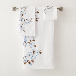 Floral Cherry Blossoms White Blue Bath Towel Set