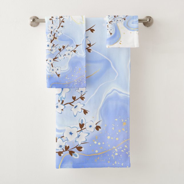 Floral Cherry Blossoms White Blue Ink  Bath Towel Set (Insitu)