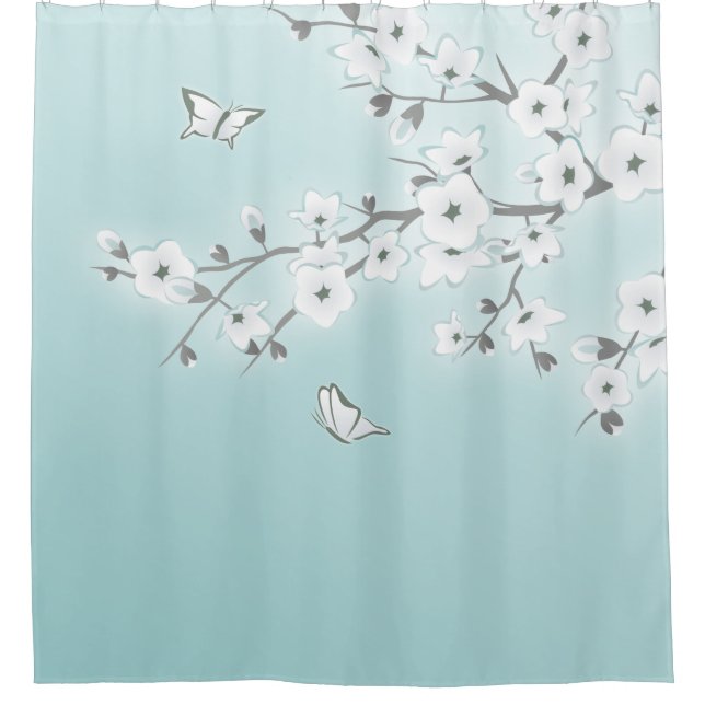Floral Cherry Blossoms White Mint Shower Curtain (Front)