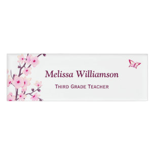 Floral Cherry Blossoms White Pink Teacher Name Tag