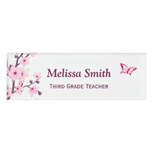 Floral Cherry Blossoms White Pink Teacher Name Tag