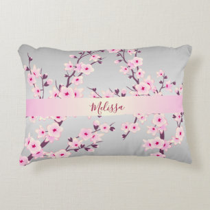 Floral Cherry Blossoms Your Name/Text Pink Grey Decorative Cushion