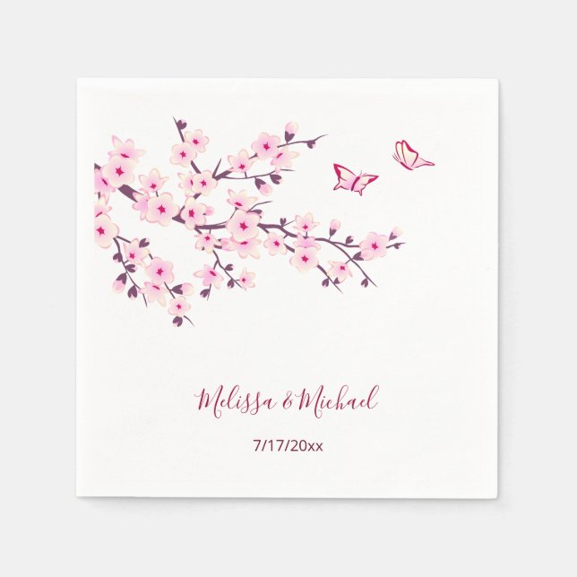 Floral Cherry Blossoms Your Names Wedding Napkin (Front)