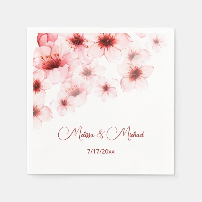 Floral Cherry Blossoms Your Names Wedding Napkin (Front)