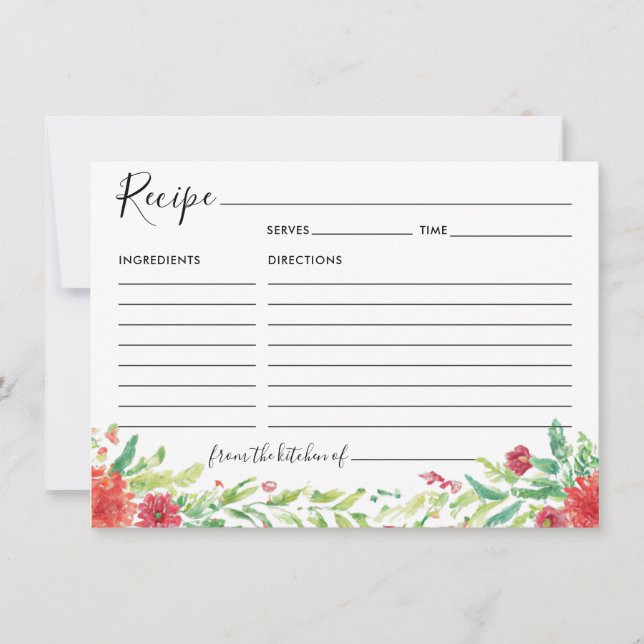 Floral Cherry Red Watercolor Guest Recipe Card (Front)