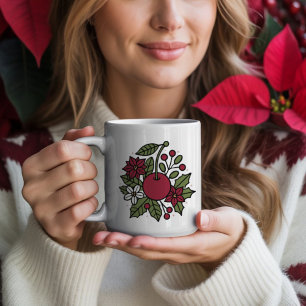 Floral cherry with poinsettia festive botanical coffee mug