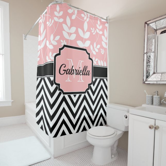 Floral & Chevron Pattern Shower Curtain (In Situ)