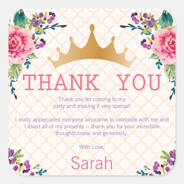 Floral Chic Birthday Thank you Square Sticker (Front)