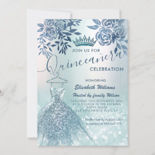 Floral chic blue dress glittery ombre  invitation