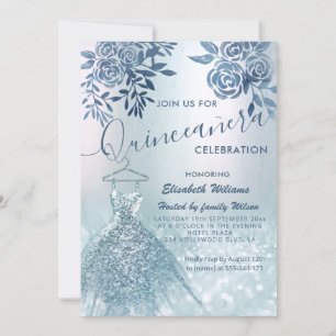 Floral chic blue dress glittery ombre  invitation