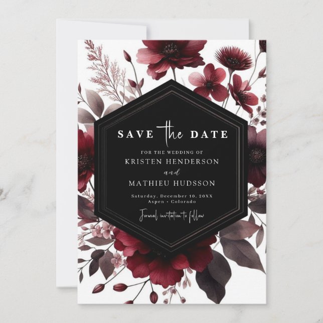 Floral Chic Burgundy Wedding Save The Date (Front)