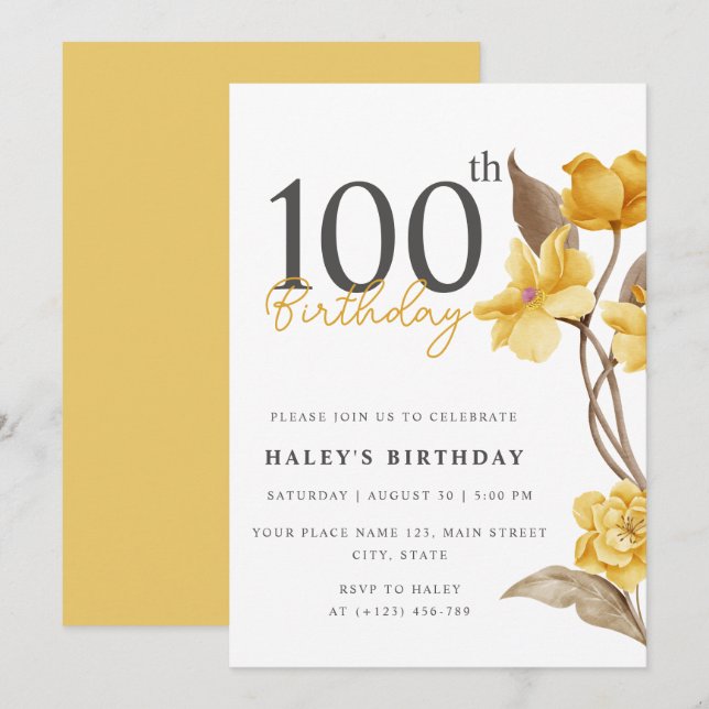 Floral Chic Elegant Simple Yellow 100th Birthday Invitation (Front/Back)