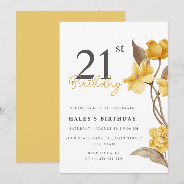 Floral Chic Elegant Simple Yellow 21st Birthday Invitation (Front/Back)
