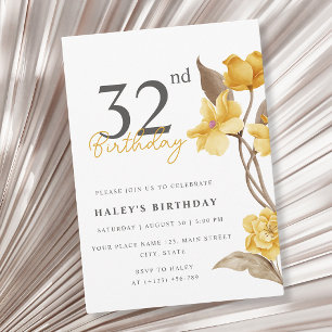 Floral Chic Elegant Simple Yellow 32nd Birthday Invitation
