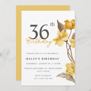 Floral Chic Elegant Simple Yellow 36th Birthday Invitation