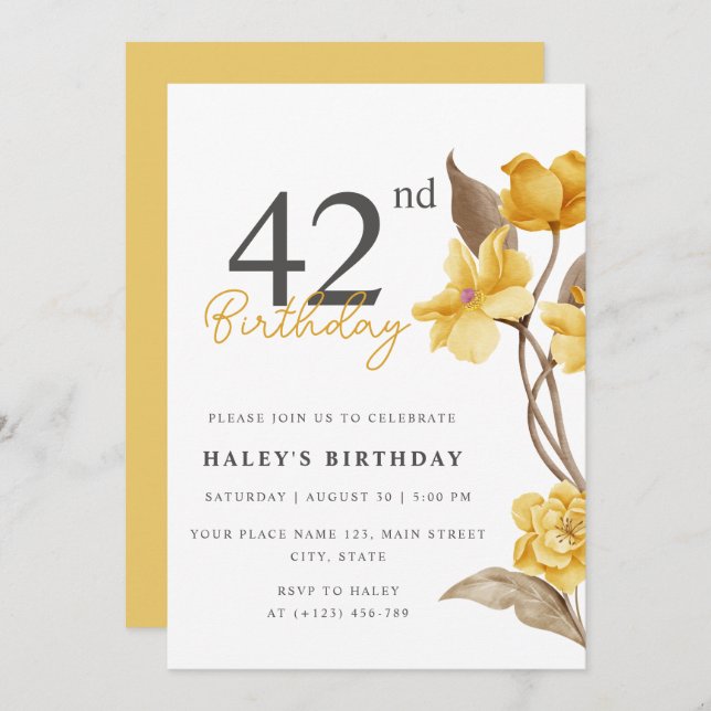 Floral Chic Elegant Simple Yellow 42nd Birthday Invitation (Front/Back)