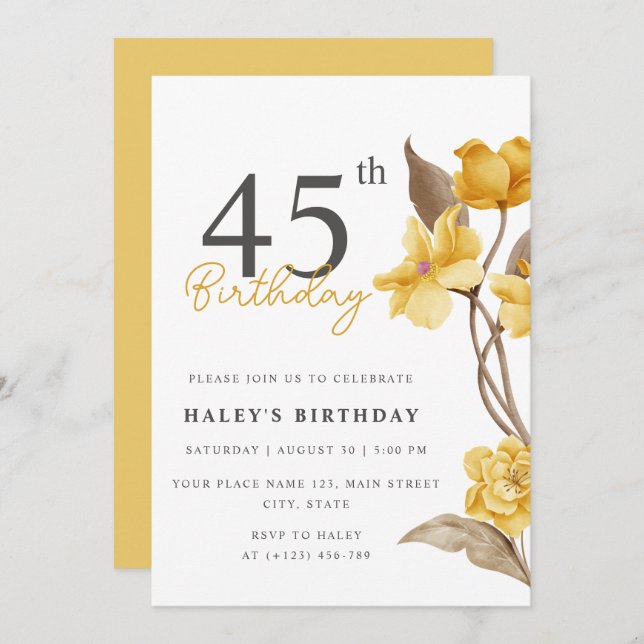 Floral Chic Elegant Simple Yellow 45th Birthday Invitation (Front/Back)