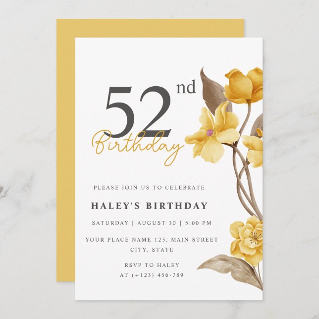 Floral Chic Elegant Simple Yellow 52nd Birthday Invitation (Front/Back)