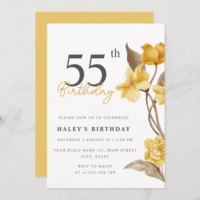 Floral Chic Elegant Simple Yellow 55th Birthday Invitation (Front/Back)