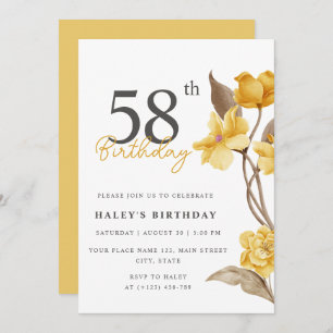 Floral Chic Elegant Simple Yellow 58th Birthday Invitation