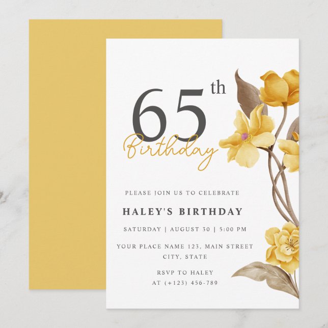 Floral Chic Elegant Simple Yellow 65th Birthday Invitation (Front/Back)