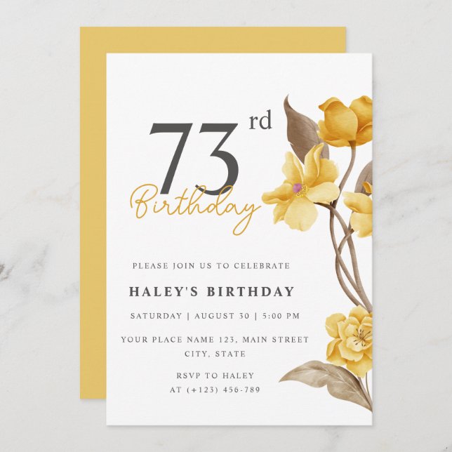 Floral Chic Elegant Simple Yellow 73rd Birthday Invitation (Front/Back)