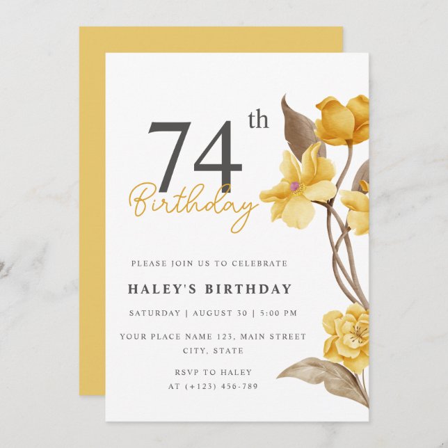 Floral Chic Elegant Simple Yellow 74th Birthday Invitation (Front/Back)