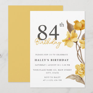 Floral Chic Elegant Simple Yellow 84th Birthday Invitation