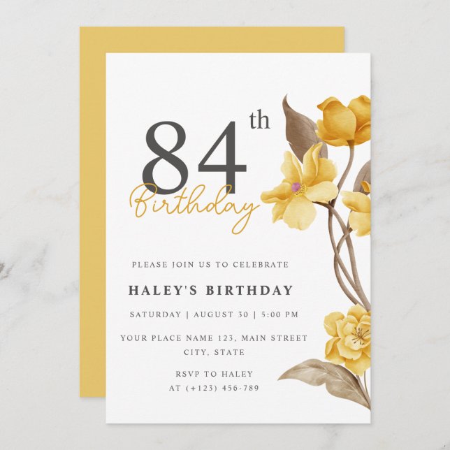Floral Chic Elegant Simple Yellow 84th Birthday Invitation (Front/Back)
