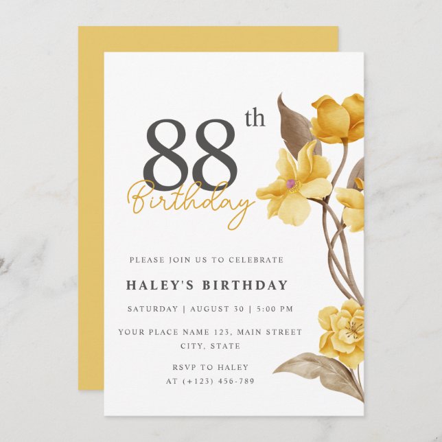 Floral Chic Elegant Simple Yellow 88th Birthday Invitation (Front/Back)
