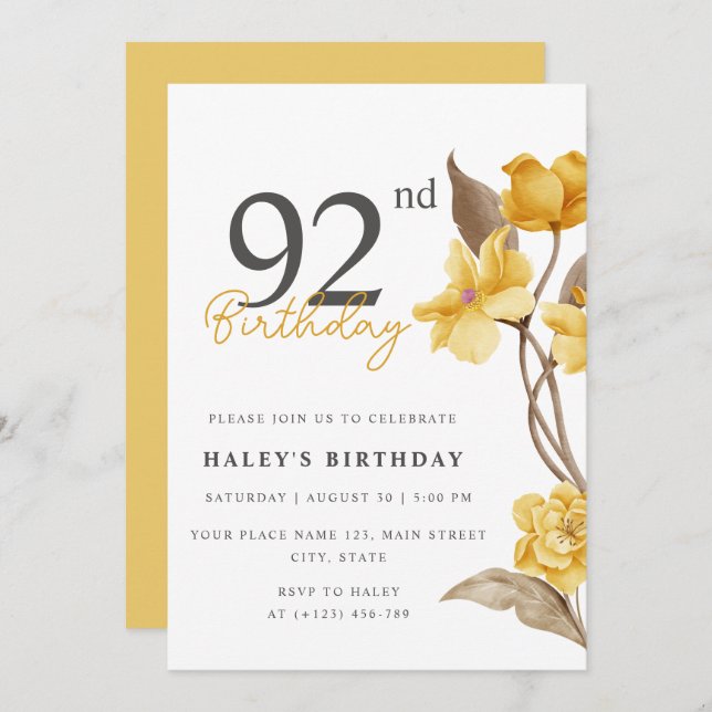 Floral Chic Elegant Simple Yellow 92nd Birthday Invitation (Front/Back)