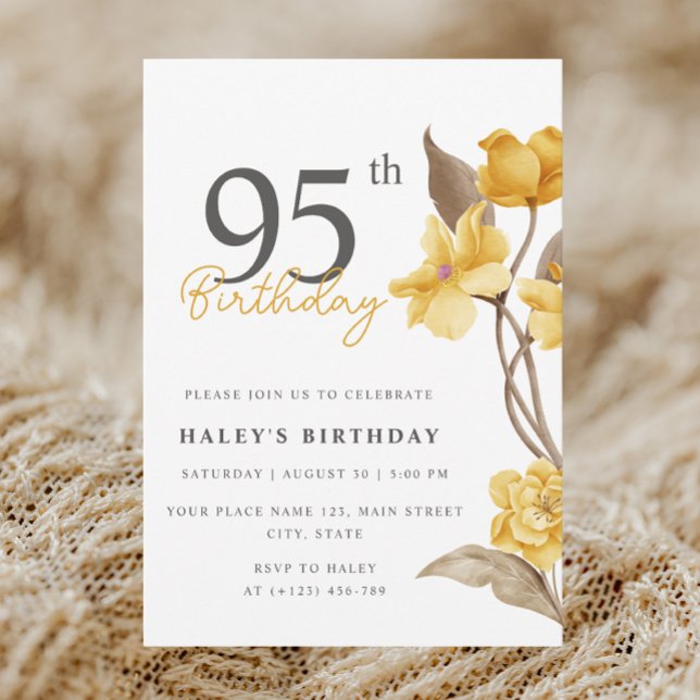 Floral Chic Elegant Simple Yellow 95th Birthday Invitation (Creator Uploaded)