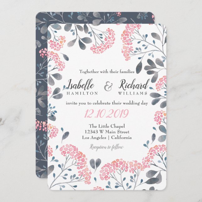 Floral chic grey pink frame watercolor wedding invitation (Front/Back)