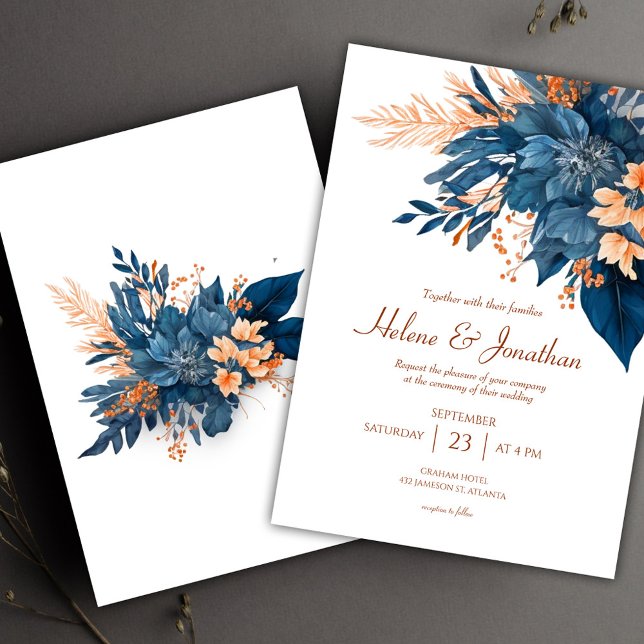 Floral Chic Indigo Rust Wedding Invitation (Floral Chic Indigo Rust Wedding Invitation)