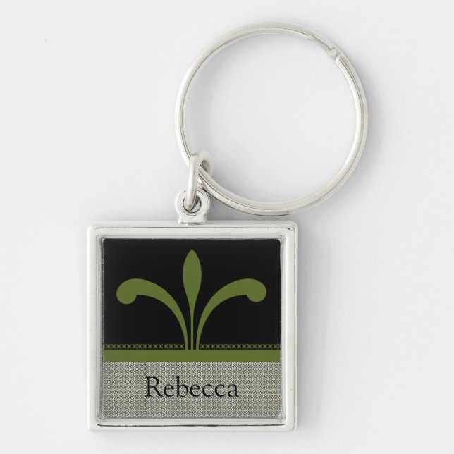 Floral Chic Keychain, Olive Green Key Ring (Front)