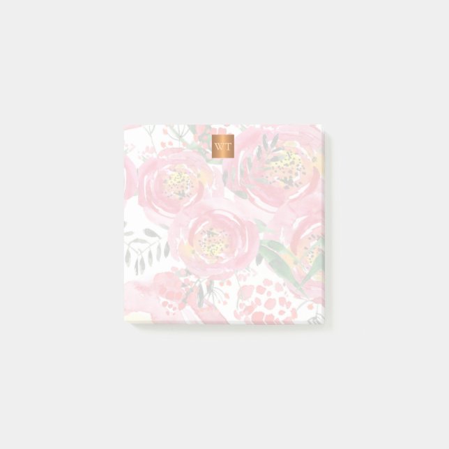 Floral chic metallic gold copper monogrammed post-it notes (Front)