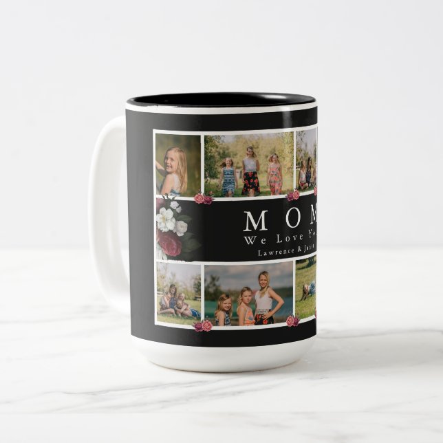 Floral Chic Monogram Custom Photo Collage Mother Two-Tone Coffee Mug (Front Left)